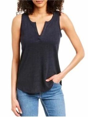 Vince 100 linen Navy Sleeveless Henley V neck Americana Nautical Tank M